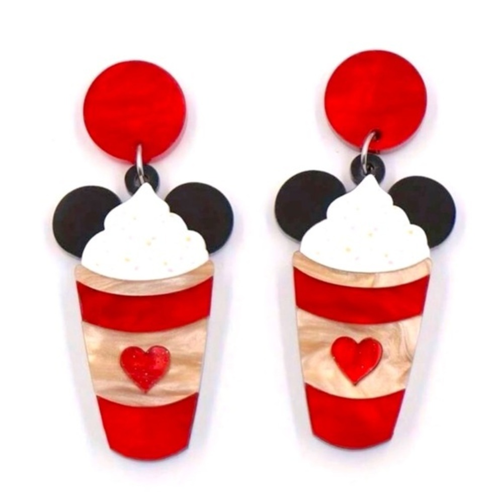 Mickey Mouse Valentine Heart Coffee Mouse Ears Kawaii Dangle Drop Earrings